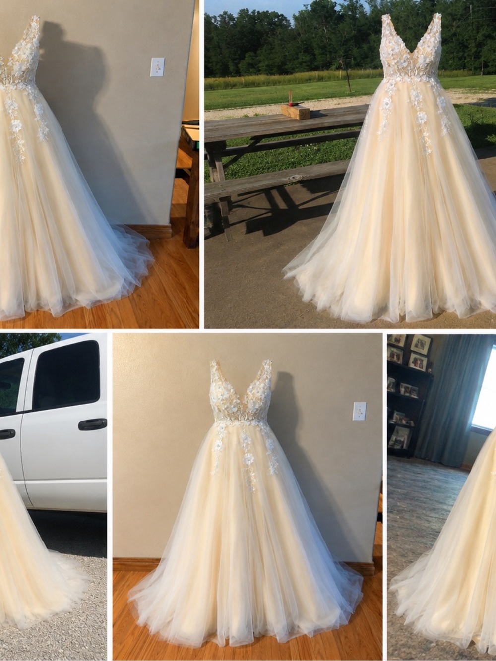 Ivory/Champagne Floral Appliqué V-Neck Prom Gown